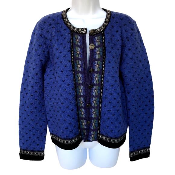 Tally-Ho Vintage Wool Cardigan with Flowers and Contrast Trim size PS - Picture 2 of 8